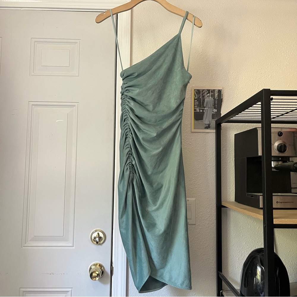 RONNY KOBO dusty blue mint green knit suede asymmetrical one shoulder ruched